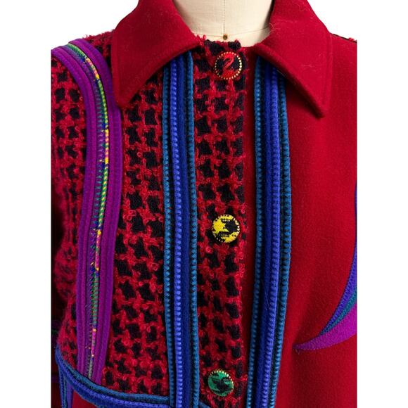 VTG Coloratura Red Wool Patchwork Maxi Coat Artsy Boho Avant Garde 80s 90s M - Picture 3 of 10